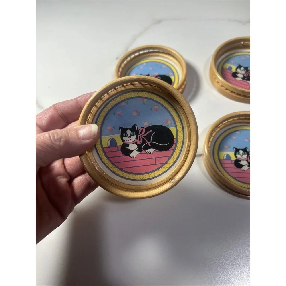 Bamboo Wicker Coasters Cat Theme Plastic Bottom - set of 4